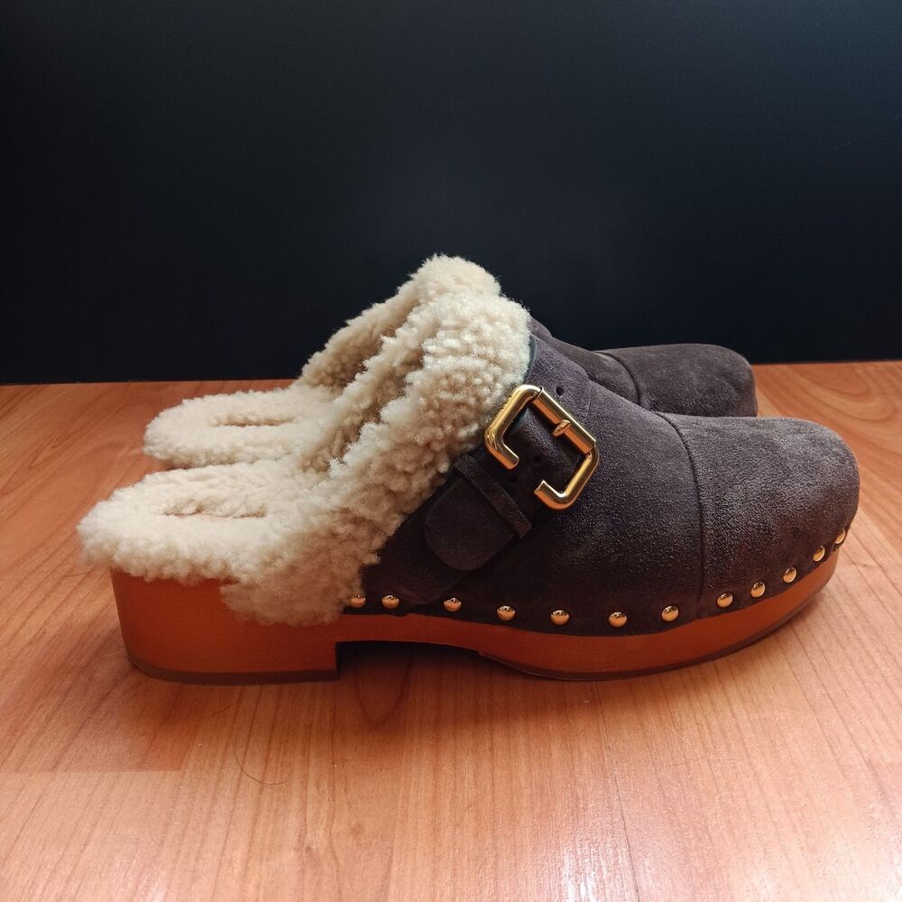 Chloe Jeannette Burnt Brown Clogs Studding Shearling Linings Buckled Strap SZ 40